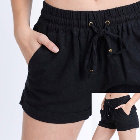 Black Linen Drawstring Stretch Waistband Shorts! - Picture 2 of 9
